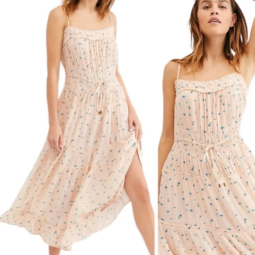 Free People Blush Pink Floral Maxi Dress with Blue Dots